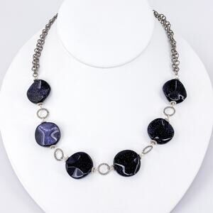 Vintage Sterling Silver 925 Blue Goldstone Beaded Necklace 17"